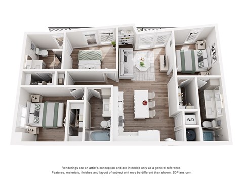 Floor plan for 3 beds, 3 baths, 1358 sqft